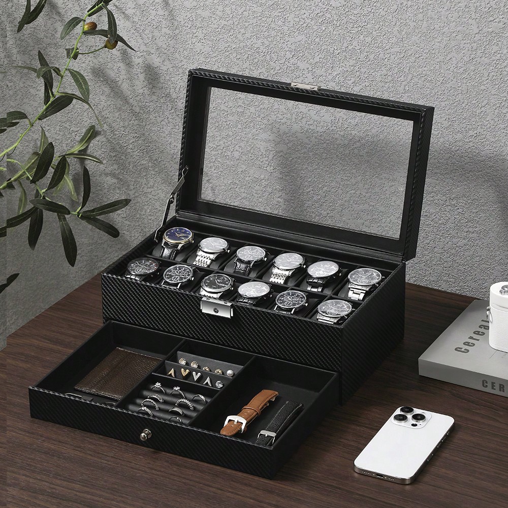 Luxury Watch Tier - 12-Fach Leder-Uhrenbox mit Glasdeckel & Schublade,